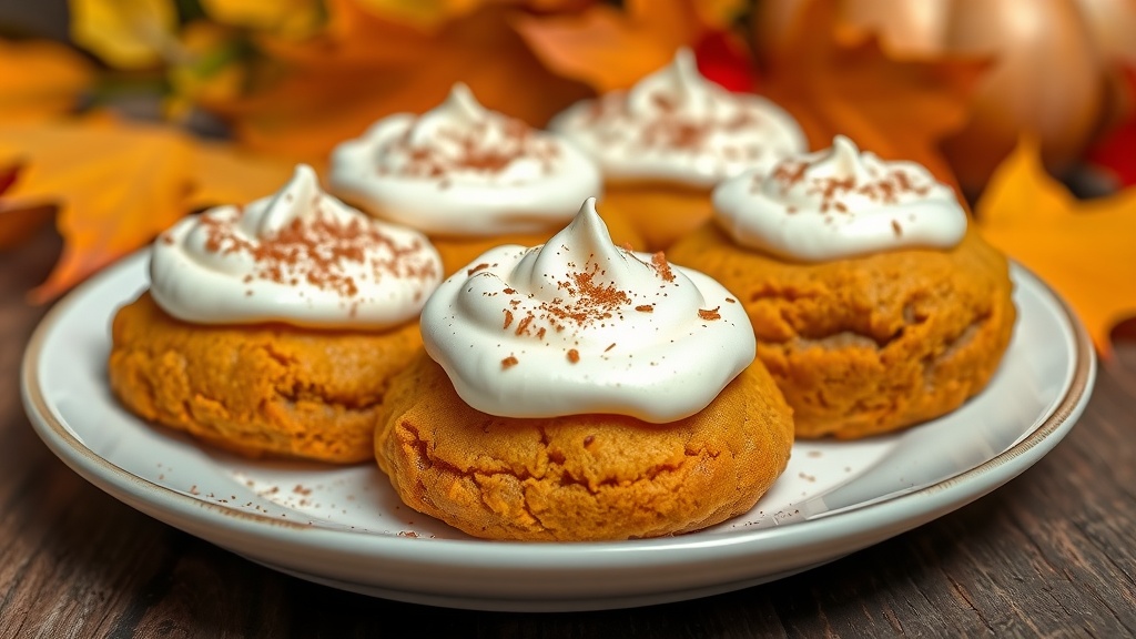A plate of spiced pumpkin cookies with cream cheese frosting, surrounded by autumn leaves.